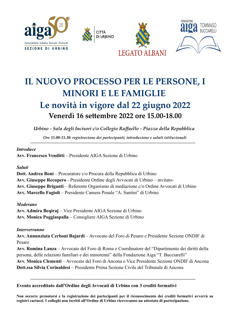 Ringrazio AIGA Urbino, 16.9.2022 sulla Riforma Cartabia